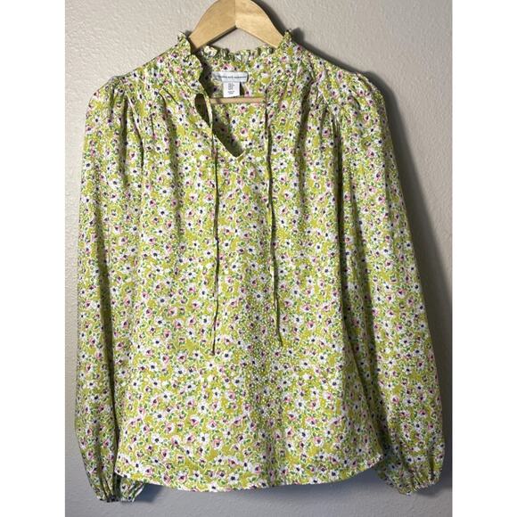 Cupcakes & Cashmere Women's Light Green Floral Blouse Small Long Sleeve Tie - Picture 1 of 7